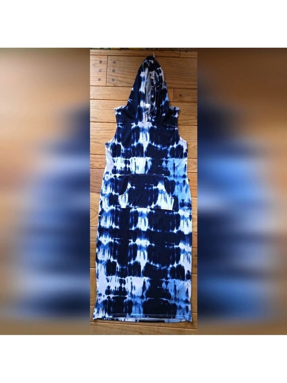 Tie Dye Blue Sleeveless Hoodie Maxi Dress